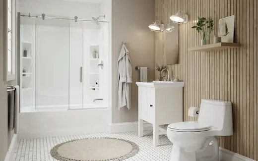 Modern bathroom with wooden accents
