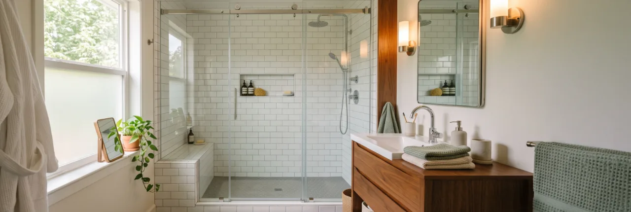 Large modern bathroom with tub converted into a large standing shower with a tile bench