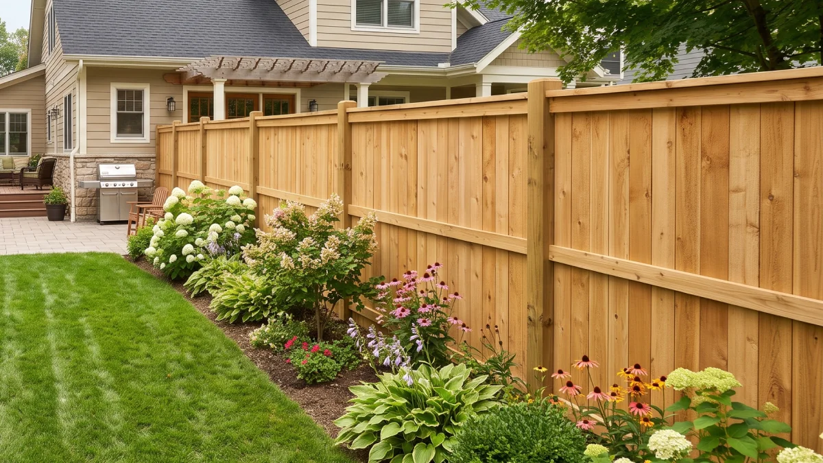 Wooden fencing lined with lush flowers and greenery