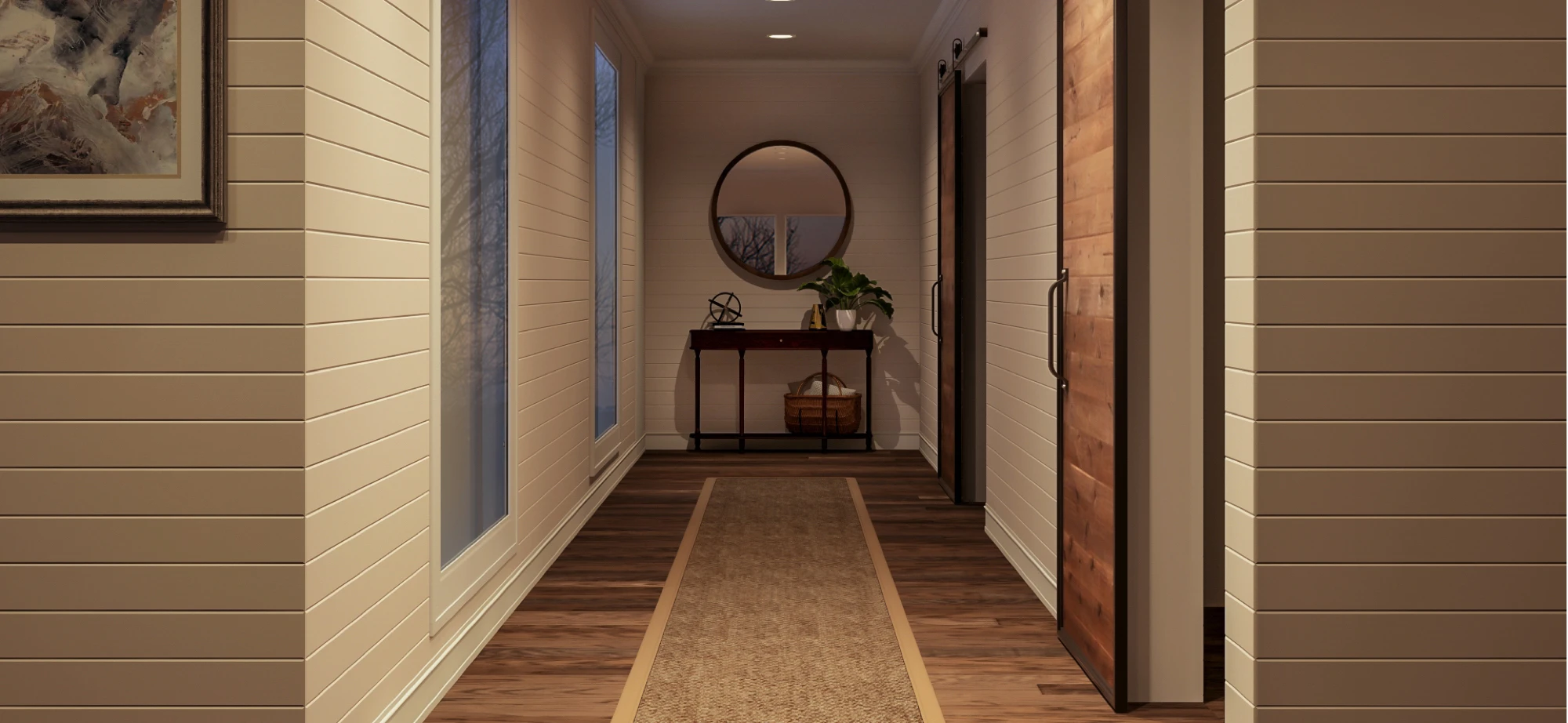 brown vinyl planks installed in a hallway