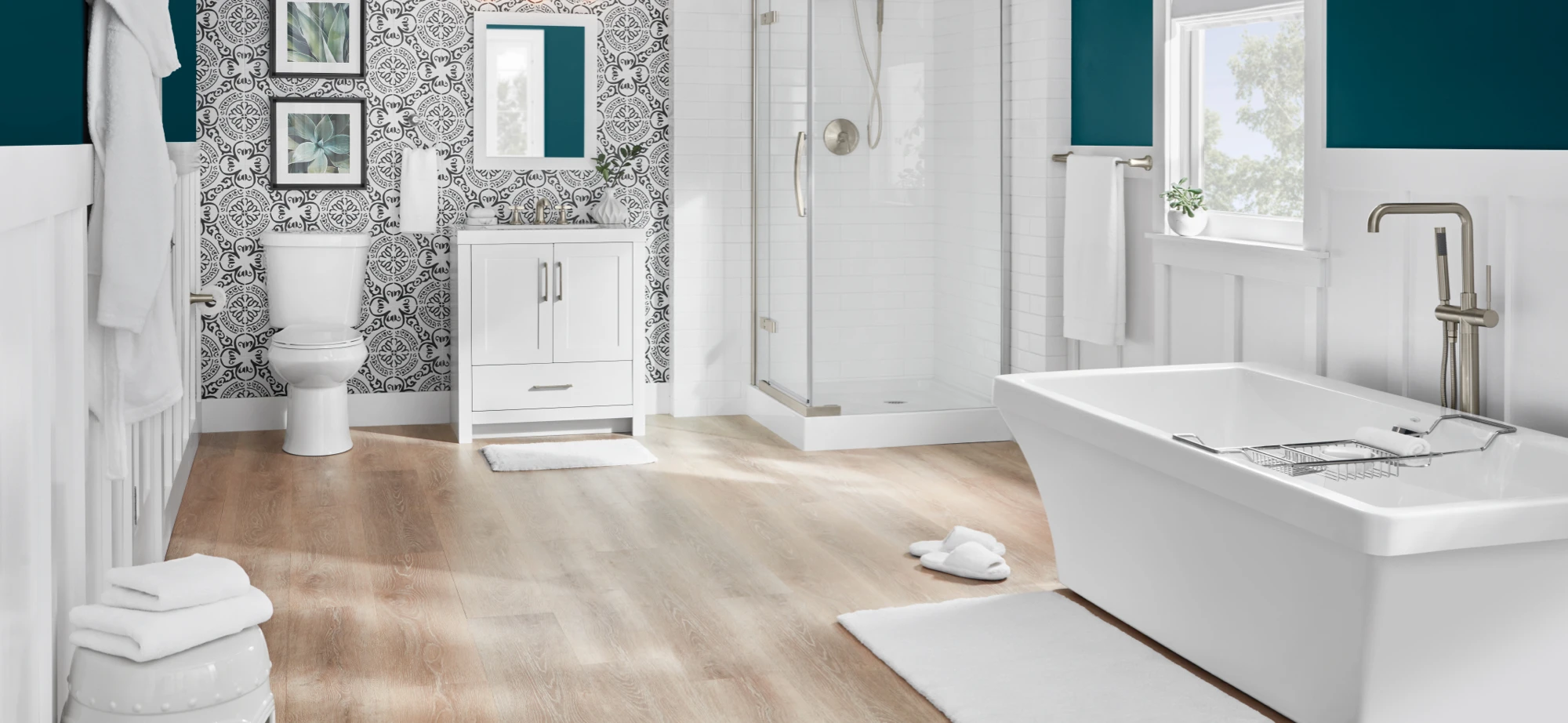 light brown vinyl planks installed in a bathroom