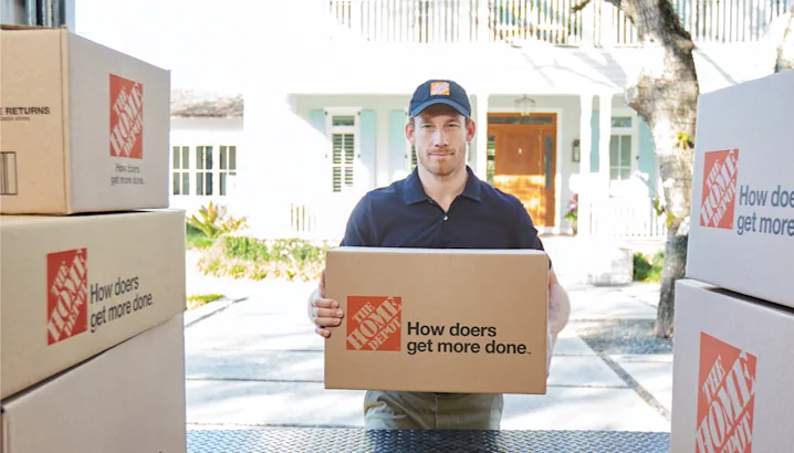 A moving professional placing a Home Depot box in a moving truck