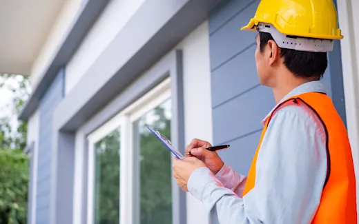 Service pro in a hardhat surveying a home's gutters