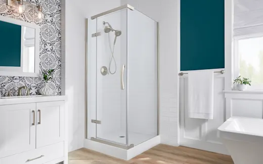 A modern bathroom with white octagon shower tile