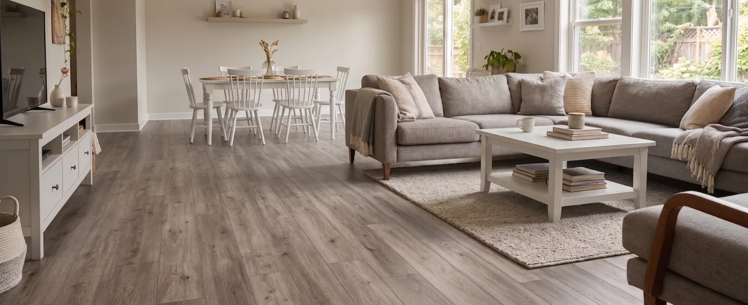 Bright and airy modern living and dining room with laminate flooring