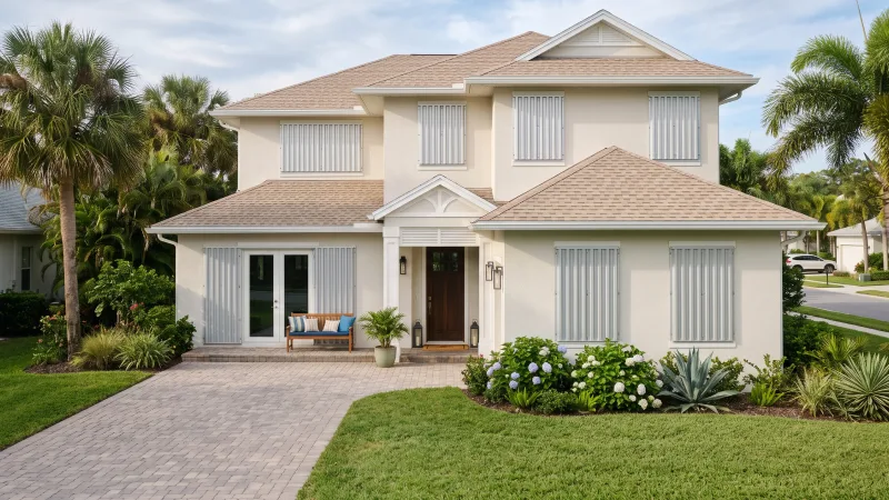 A white stucco home with steel storm panels installed over the windows
