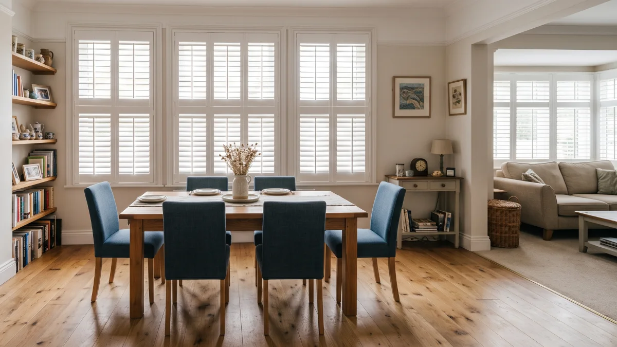 Spacious dining and living room with large windows, all with plantation shutters