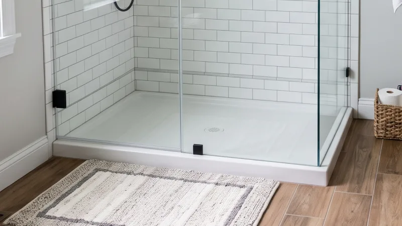 A modern walk-in shower with a white shower pan