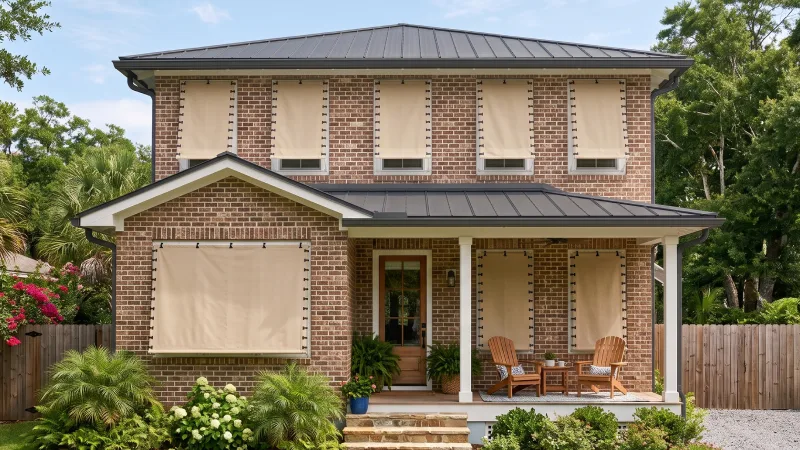 A brick house with tan hurricane fabric installed over the windows