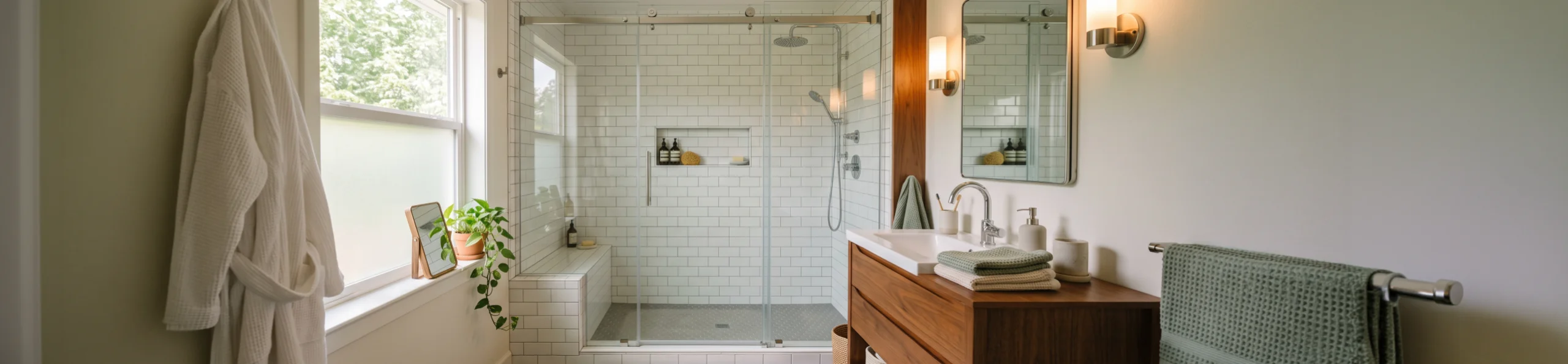 Large modern bathroom with tub converted into a large standing shower with a tile bench