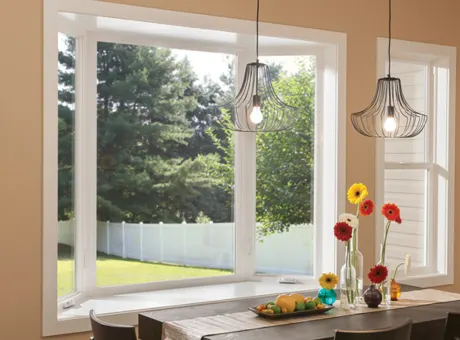 Bay window in front of a kitchen table