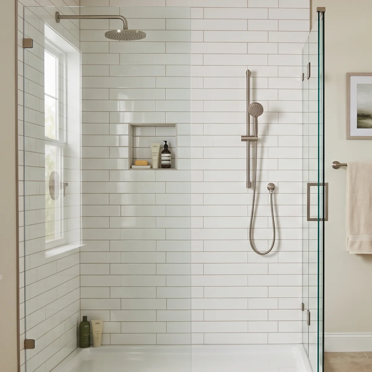 A modern walk-in shower with white tiled wall surround
