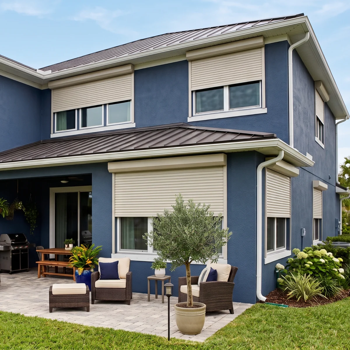 A navy blue stucco home with cream roll-down hurricane shutters