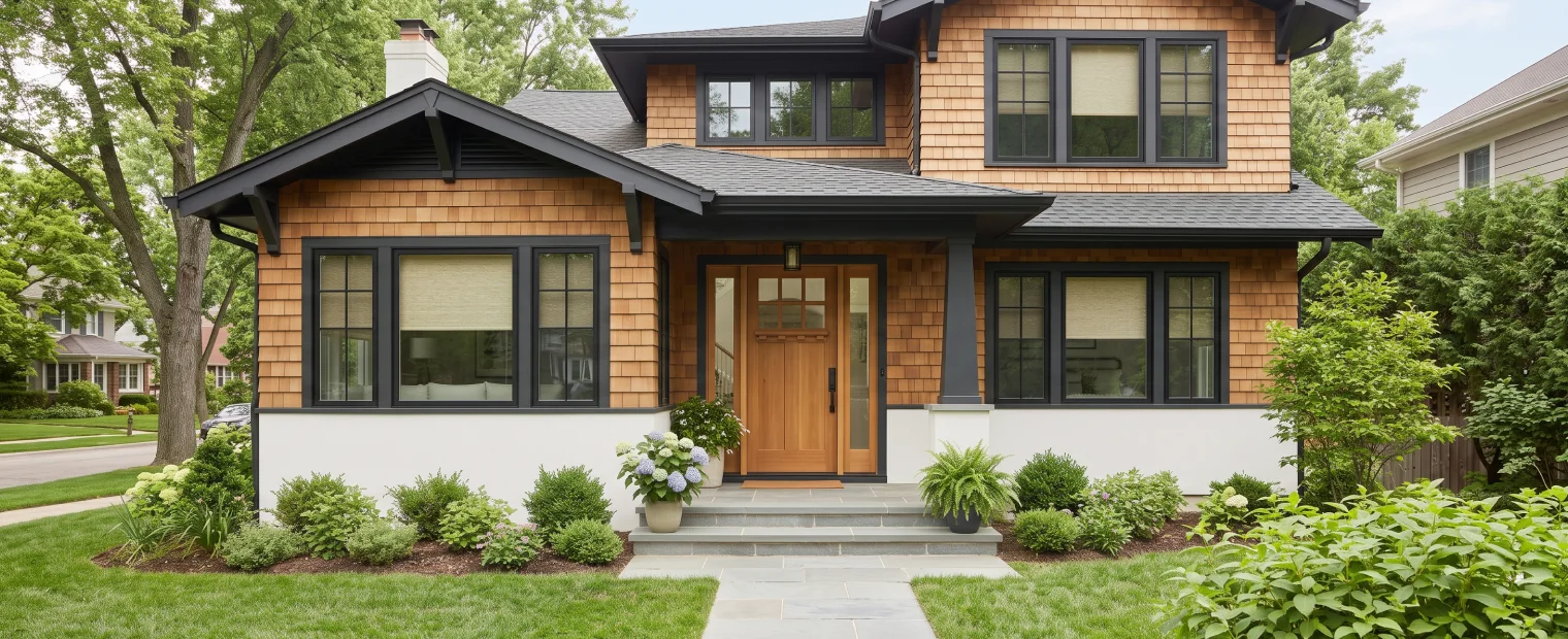 Modern suburban home with black window frames and a wooden shaker exterior entry door