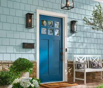 Blue Craftsman Unfinished Rustic Knotty Alder Solid Wood Single Prehung Front Door; orange door icon