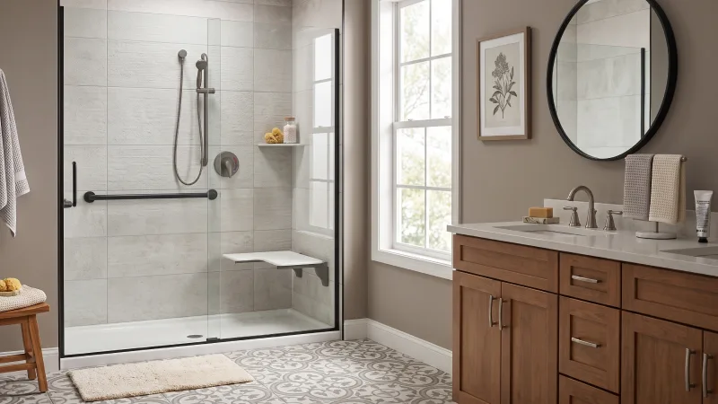 A walk-in shower with an accessibility bench and handrail