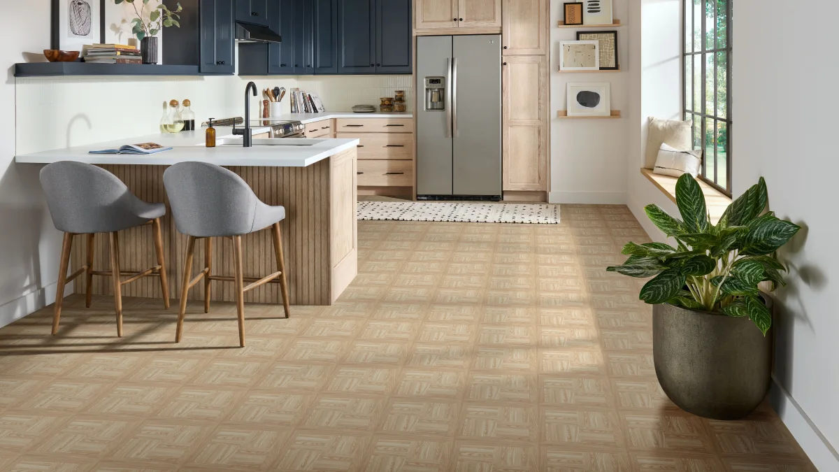 Modern kitchen with Natural Wood Parquet Peel and Stick Water Resistant Vinyl Tile Flooring 
