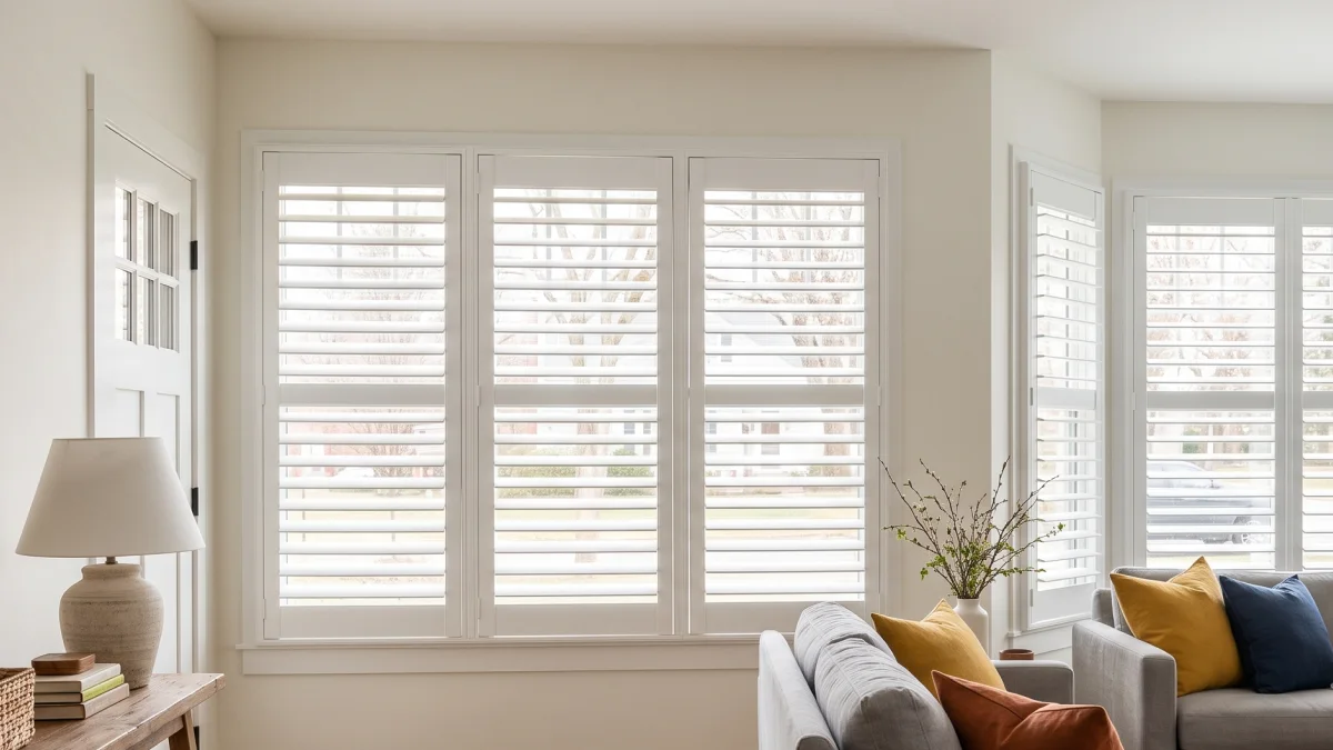 Bright and airy living room with windows lining the walls with white composite shutters