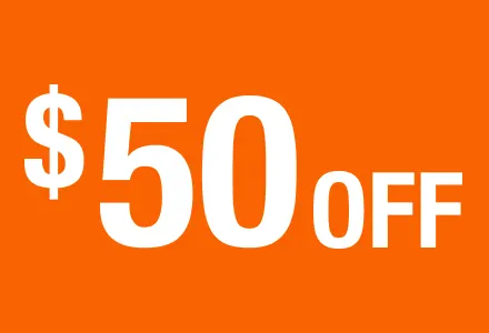 $50 Off article promo; THD service provider repairing an HVAC furnace
