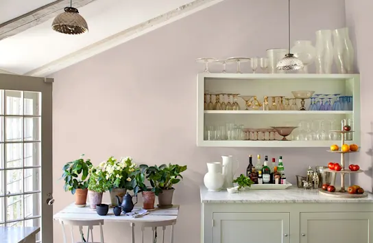Light and airy pink eggshell painted breakfast nook