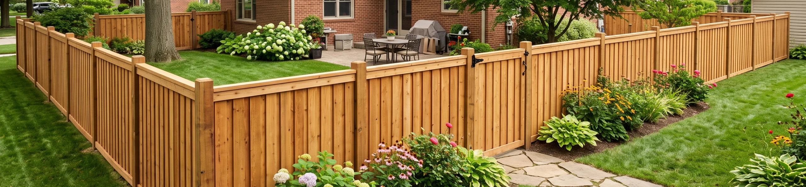 Large backyard with a wooden fence