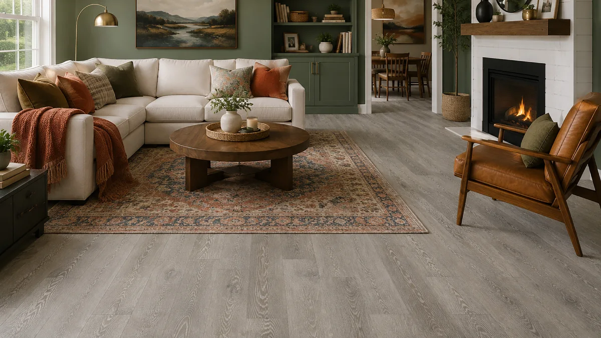 Cozy and modern living room with Safron Click Lock Waterproof Luxury Vinyl Plank Flooring