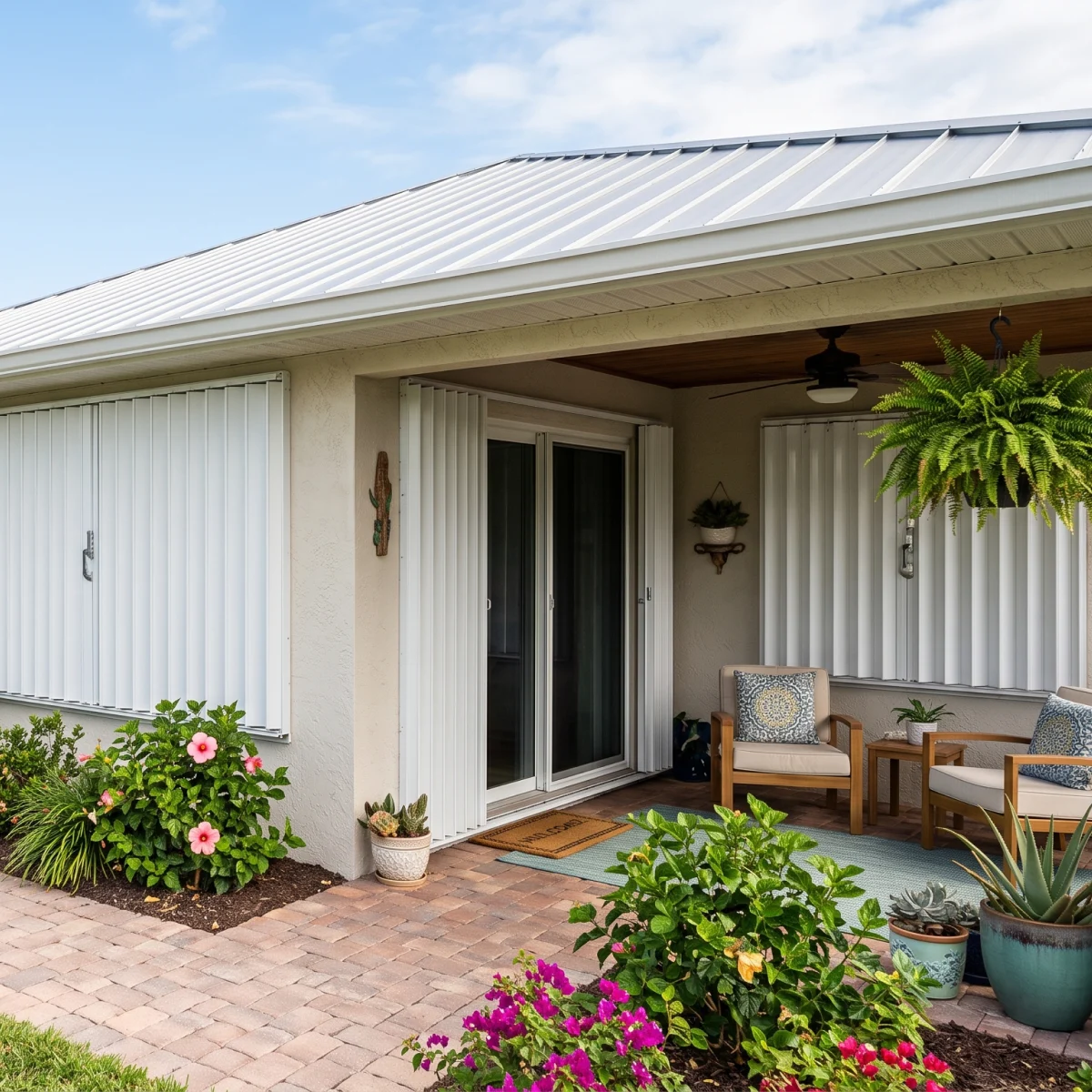 A cream stucco home with white accordion shutters