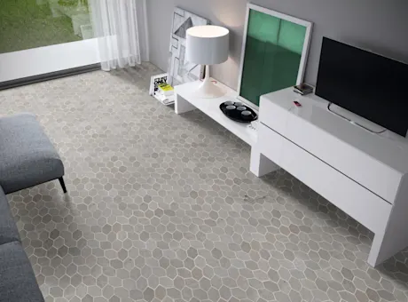 Modern living room with mosaic tile flooring