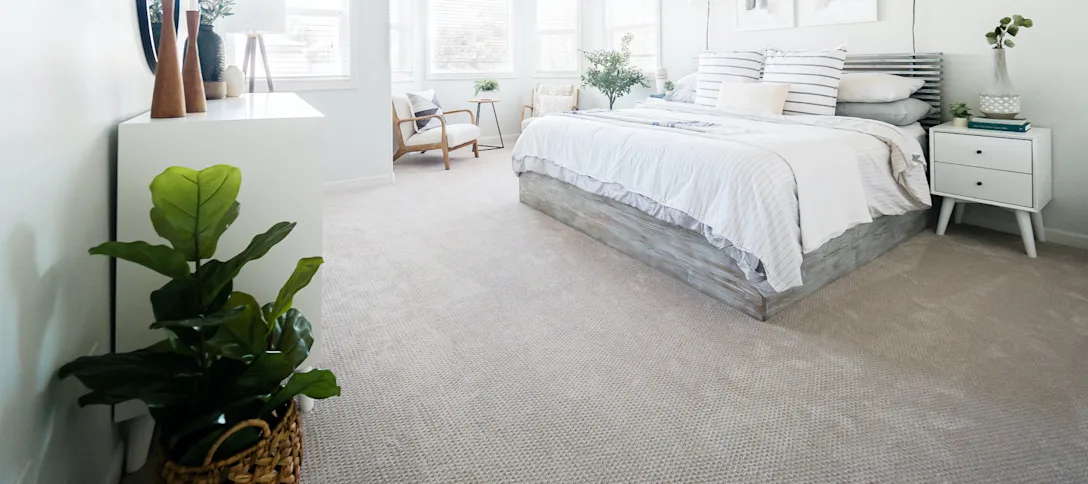 Tan carpet in a bedroom. 