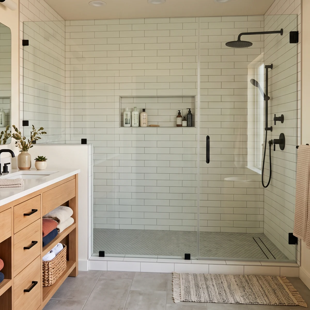 A spacious, expanded walk-in shower with white wall tiles