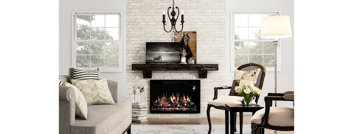 image of a white brick fireplace with a dark wood mantel