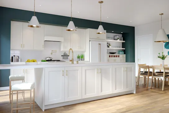 A white rtf kitchen with teal accent wall