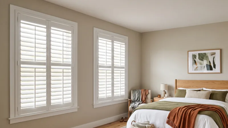 Large modern bedroom with two large windows with white vinyl shutters