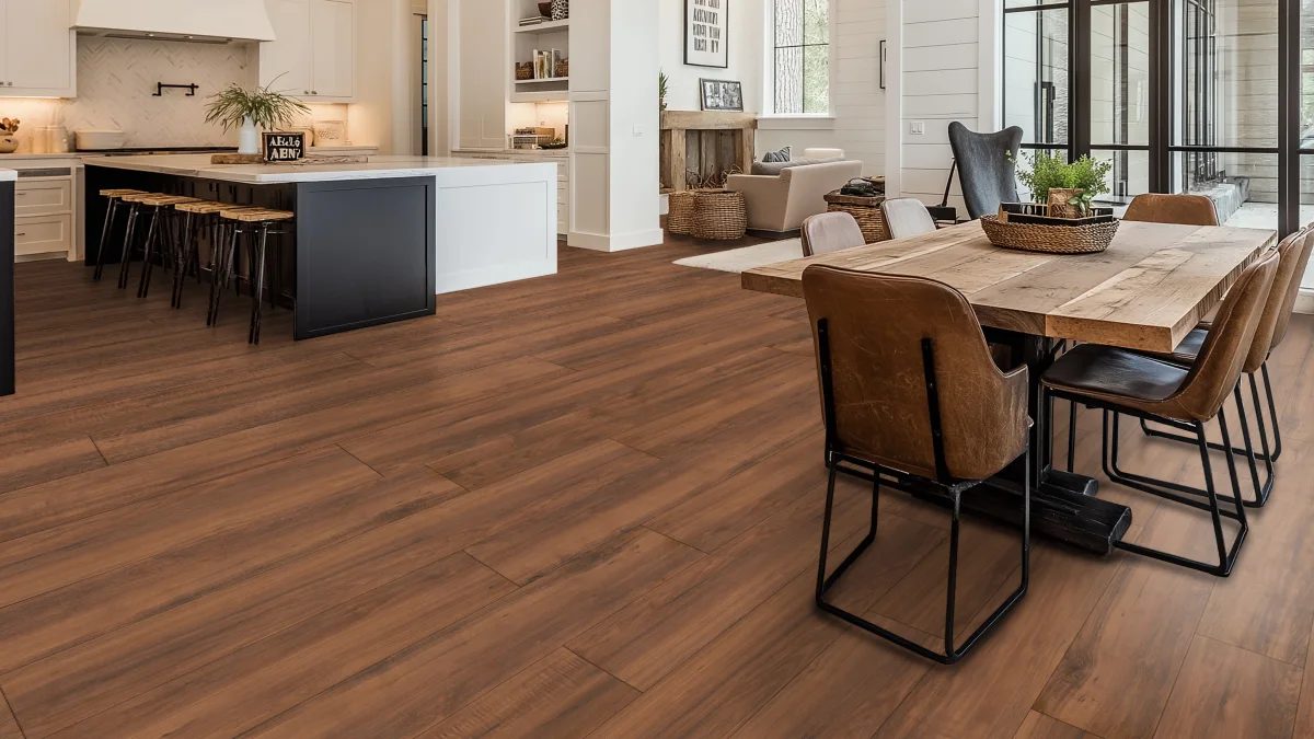 Large open concept kitchen, dining, and living room with Ikaika Koa Waterproof Hybrid Resilient Flooring