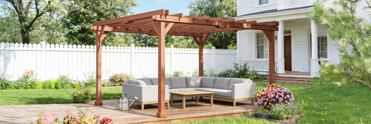 Large wooden pergola in a picturesque backyard