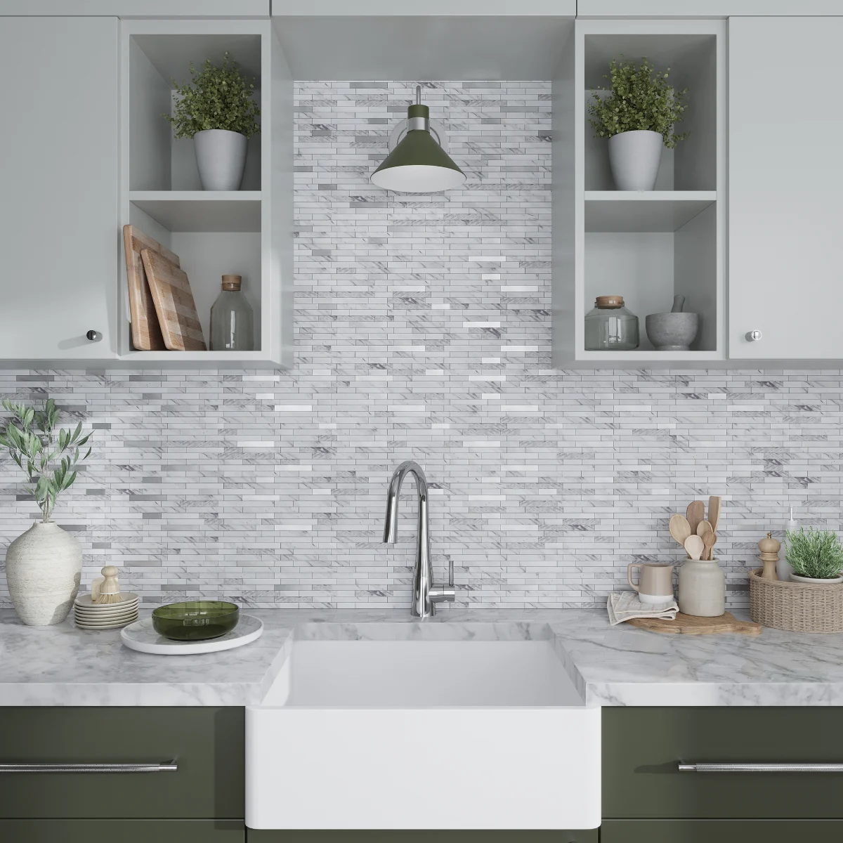 Modern kitchen with stone tile backsplash