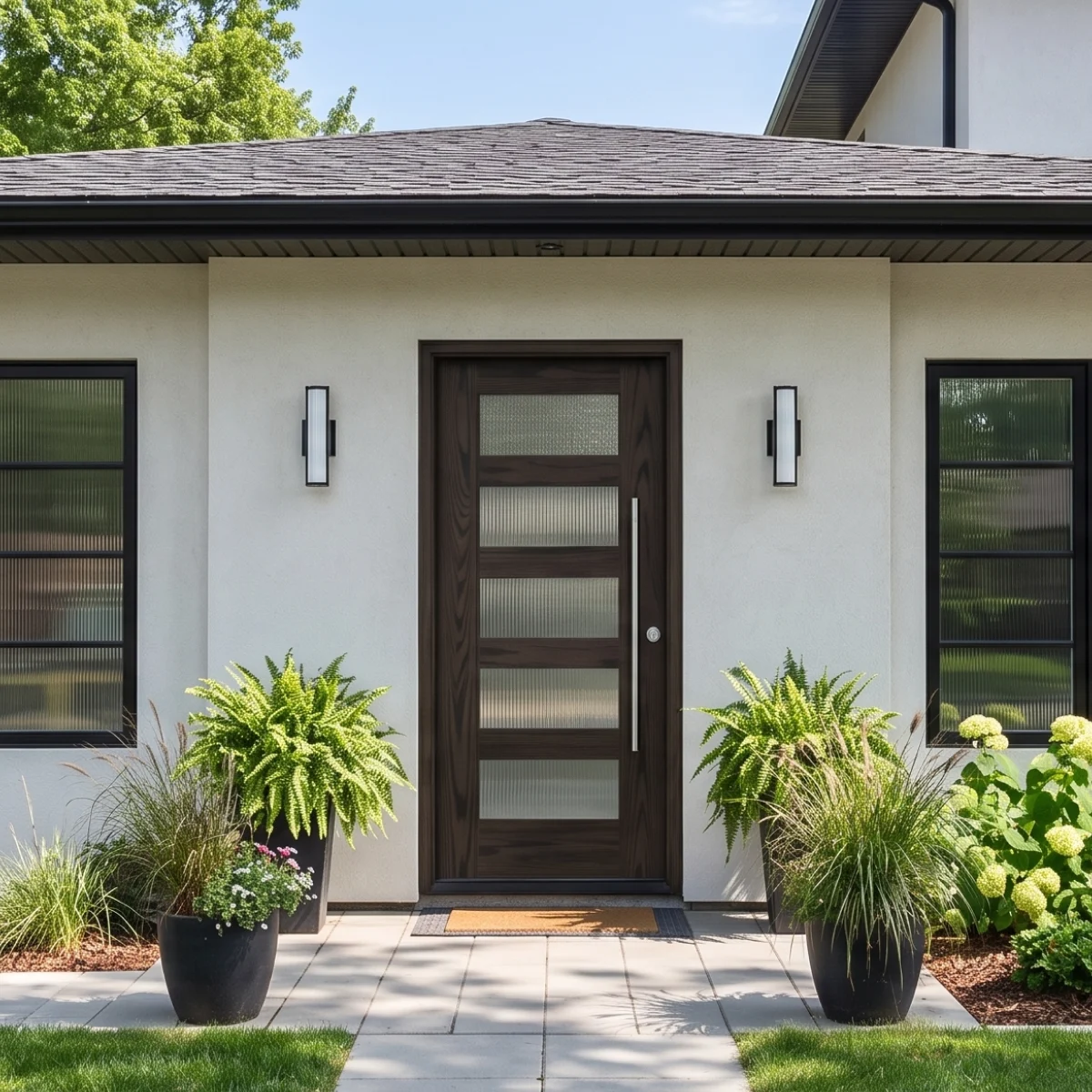 A white stucco home with a modern dark brown exterior entry door
