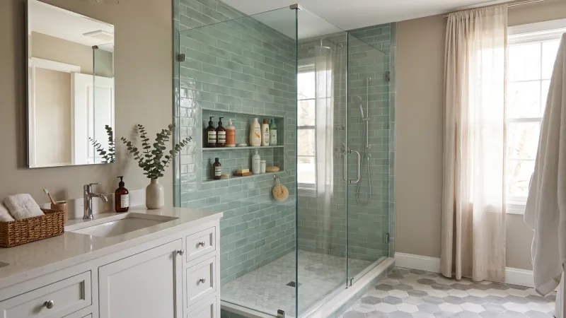 A modern walk-in shower with green wall tiles and built-in storage
