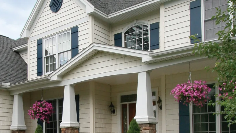 A suburban home with white siding and deep turquoise colonial shutters