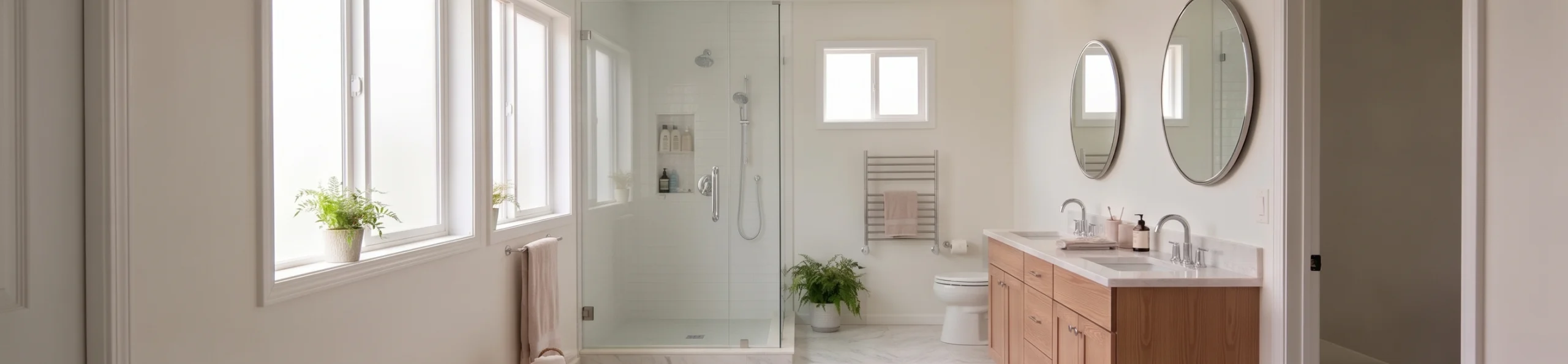 Large modern bathroom with glass shower, dual sinks and mirrors