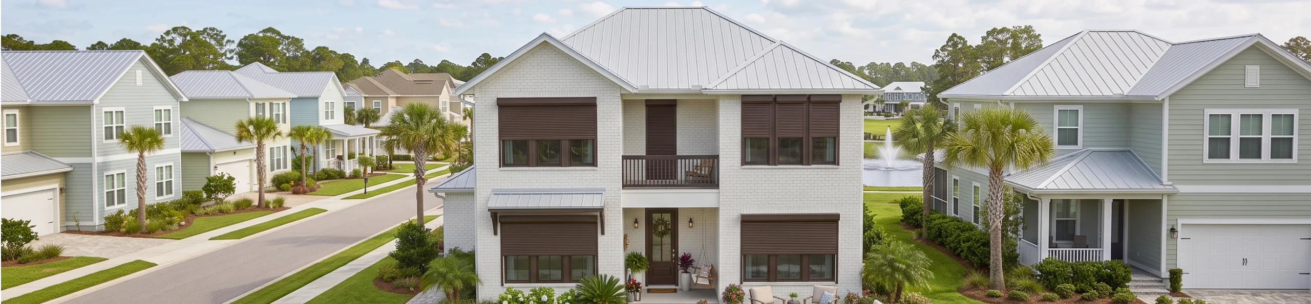 A white suburban house with brown roll-down hurricane shutters