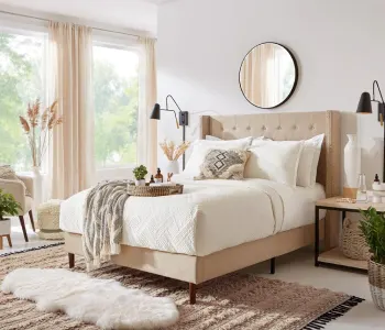 Brightly light bedroom with large modern windows; orange checklist icon
