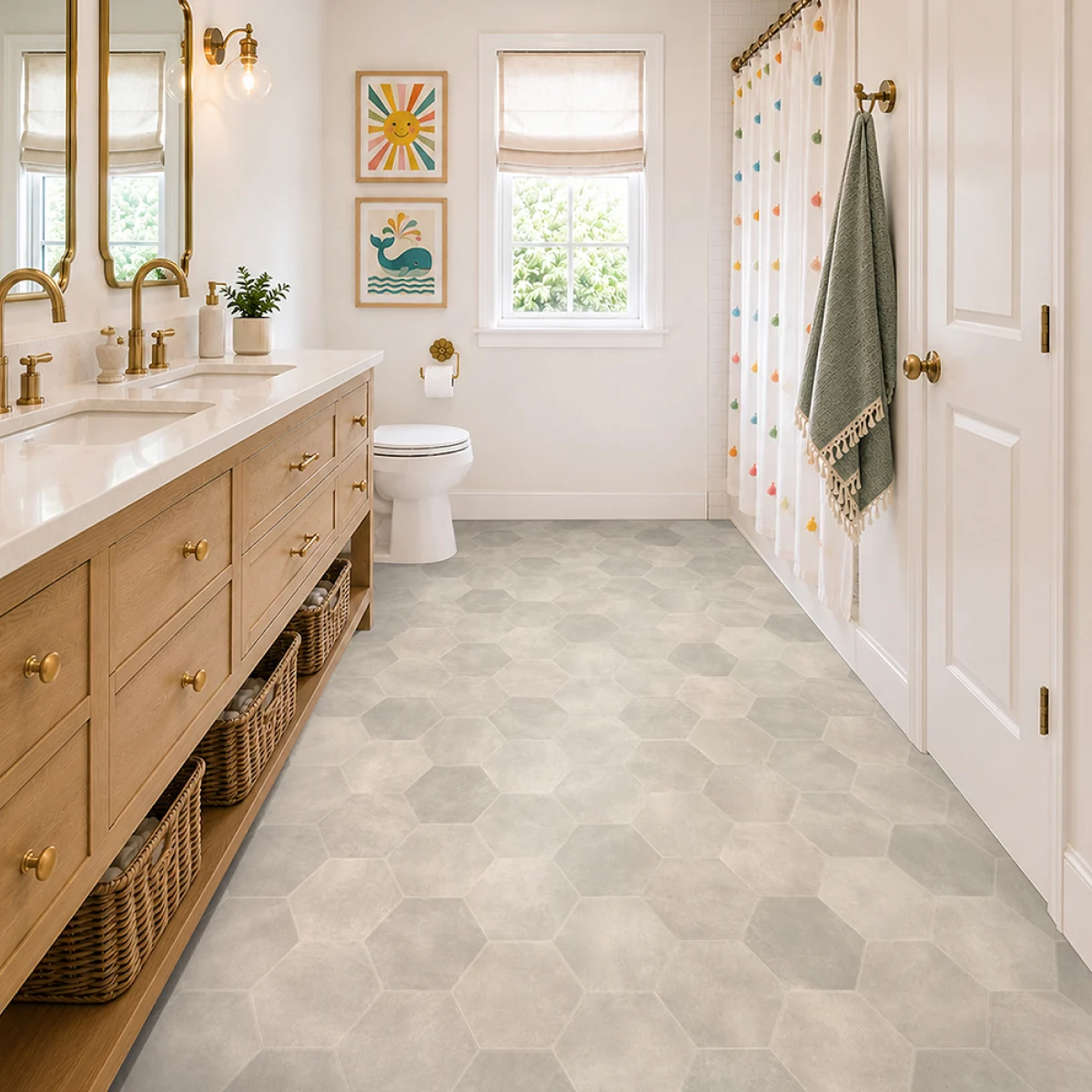 Modern bathroom with vinyl sheet flooring