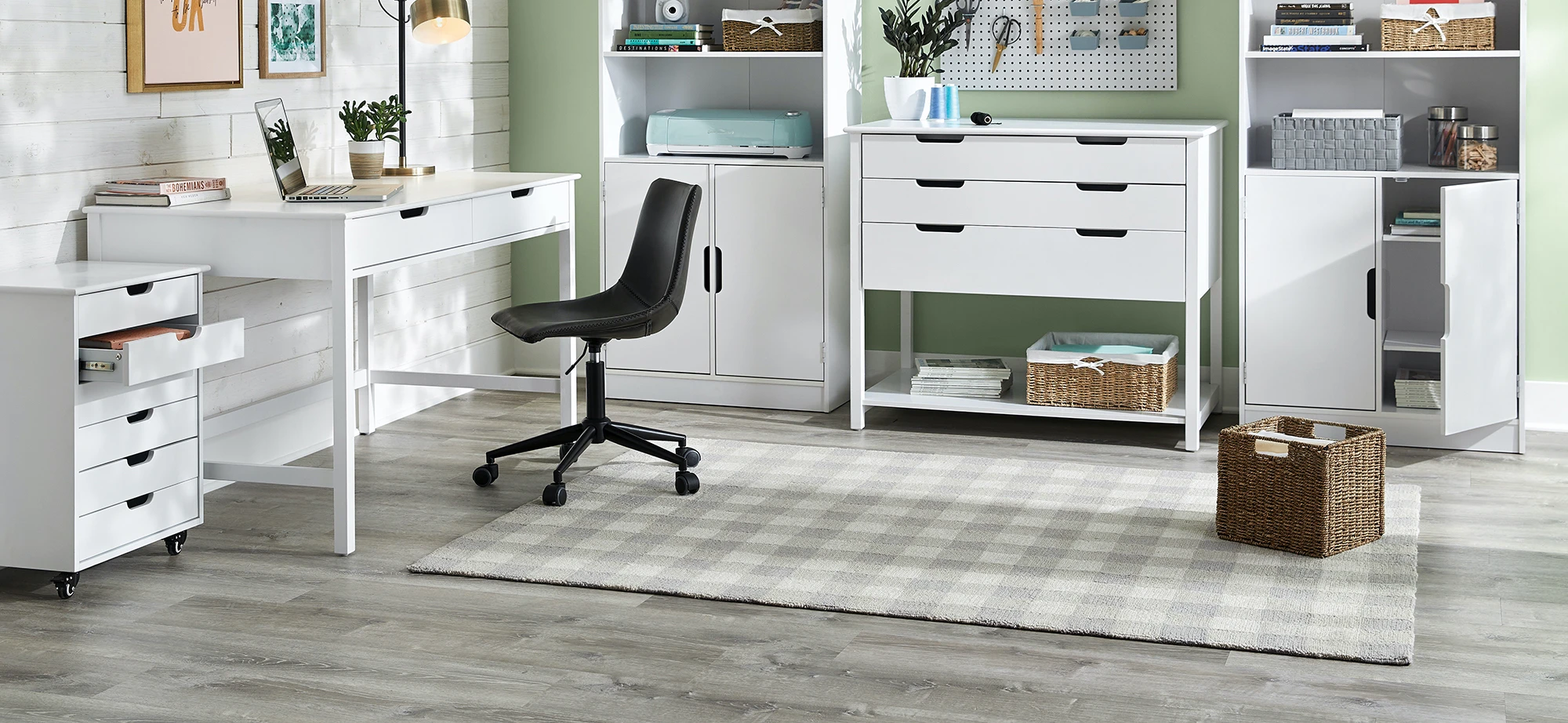 grey vinyl planks installed in a home office