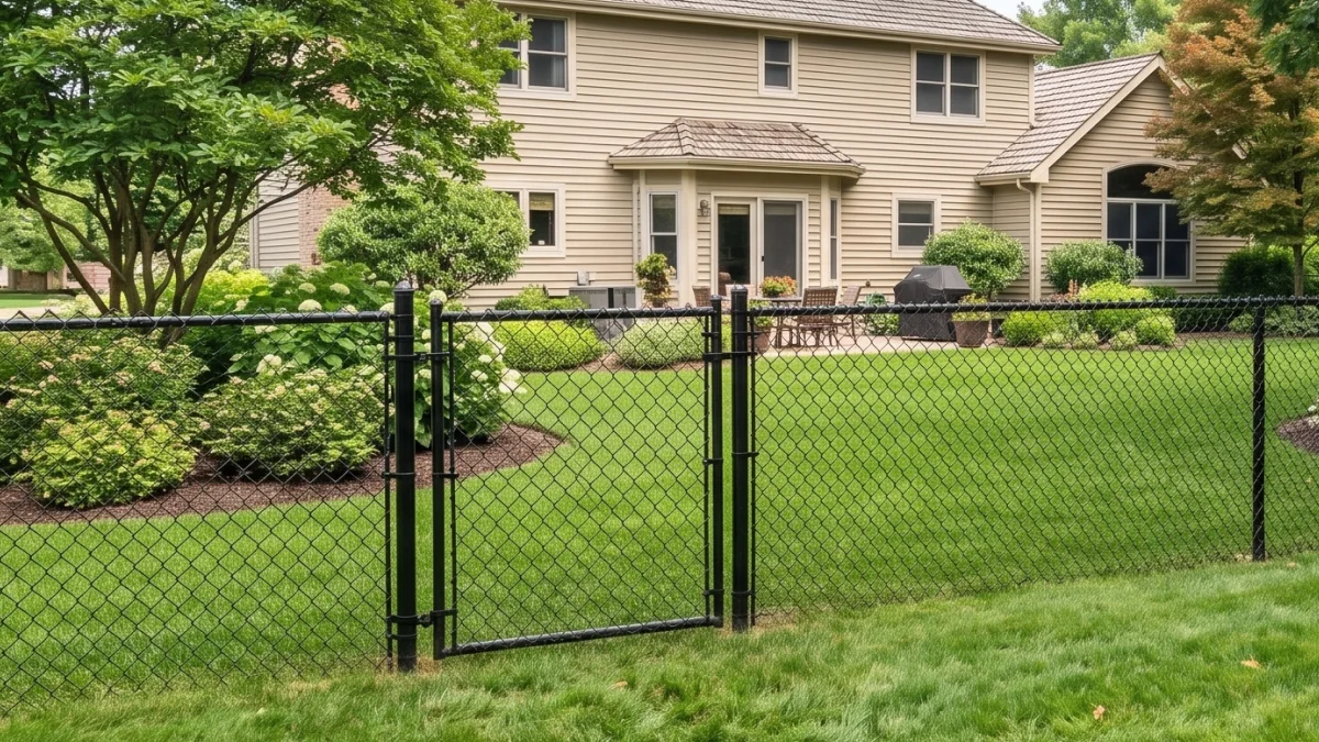 Black chain link fence around a large backyard and grande brown house