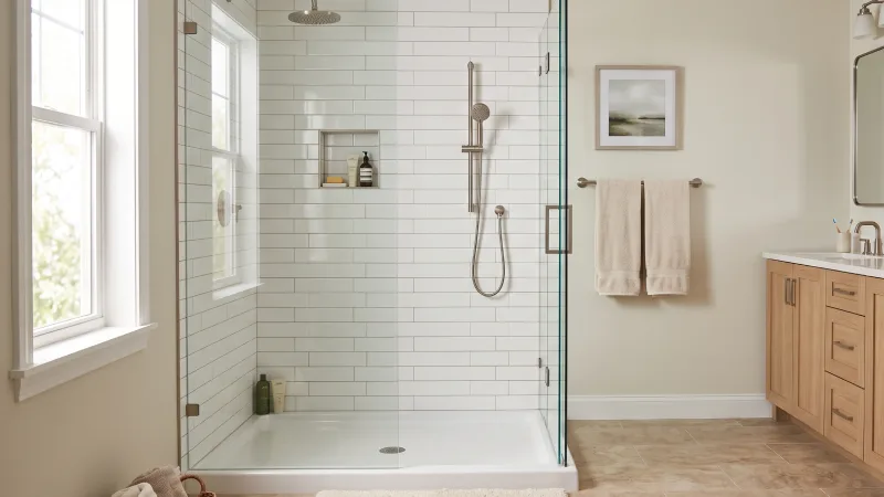 A modern walk-in shower with white tiled wall surround