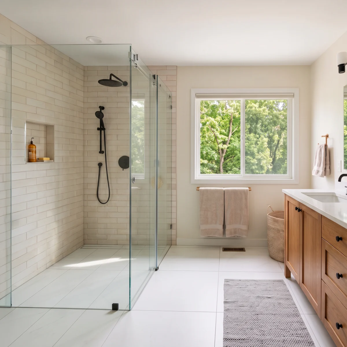 A curbless walk-in shower with a sliding glass door
