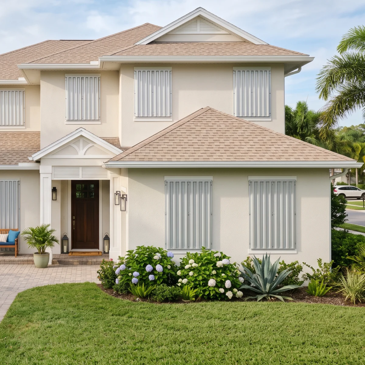 A white stucco home with steel storm panels installed over the windows