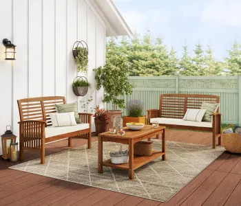 Spacious deck with outdoor seating; orange checklist icon