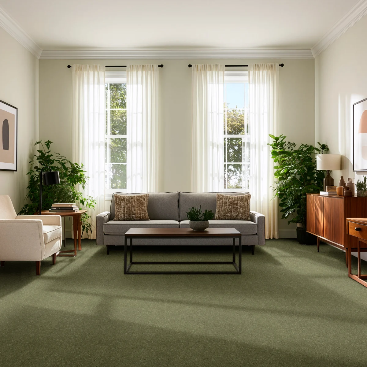 Bright and airy living room with spearmint colored carpeting